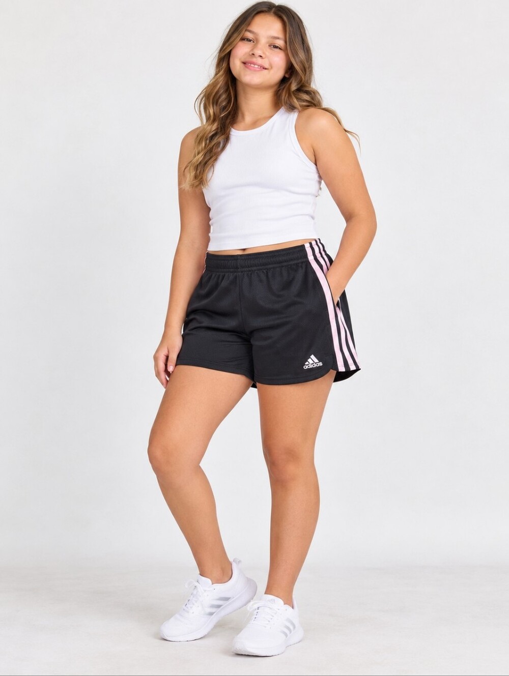 Adidas Girls Plus 3-Stripes Mesh Athletic Shorts XL+ 16+ Black Pink